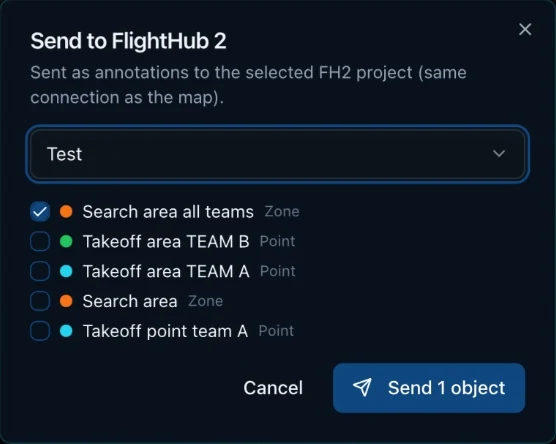 Dialog for sending search areas and points from the map to a DJI FlightHub 2 project