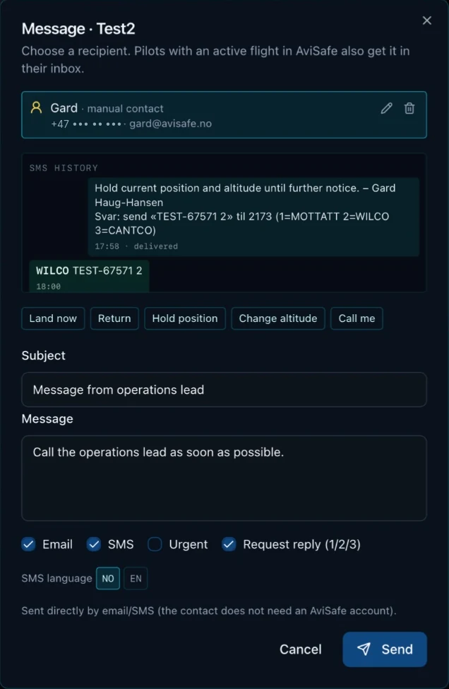 Message dialog with SMS history and a WILCO reply, quick messages, options for e-mail, SMS, urgent and request reply, and SMS language