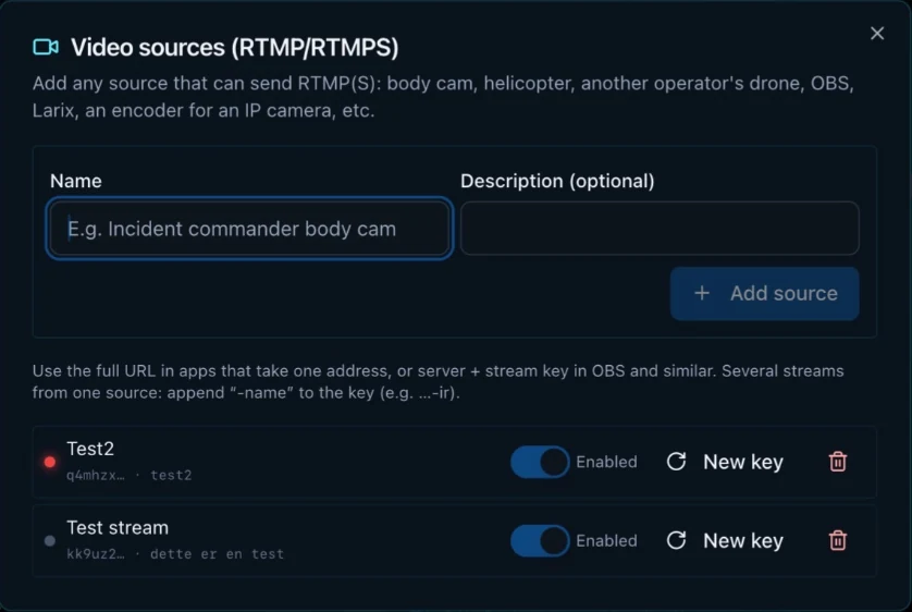 Video sources dialog for RTMP and RTMPS with two active sources, an on/off switch and a new key button